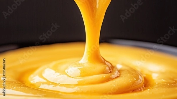 Obraz Smooth and Creamy Golden Sauce Dripping from a Spoon on Dark Background