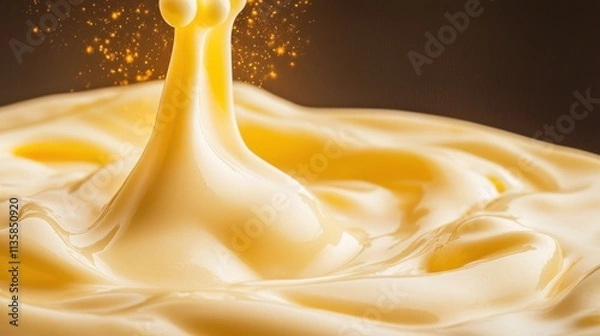 Obraz Smooth Creamy Texture of Yellow Liquid with Splash and Sparkles