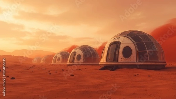 Fototapeta Futuristic Martian Habitats Surrounded by Red Dusty Landscape