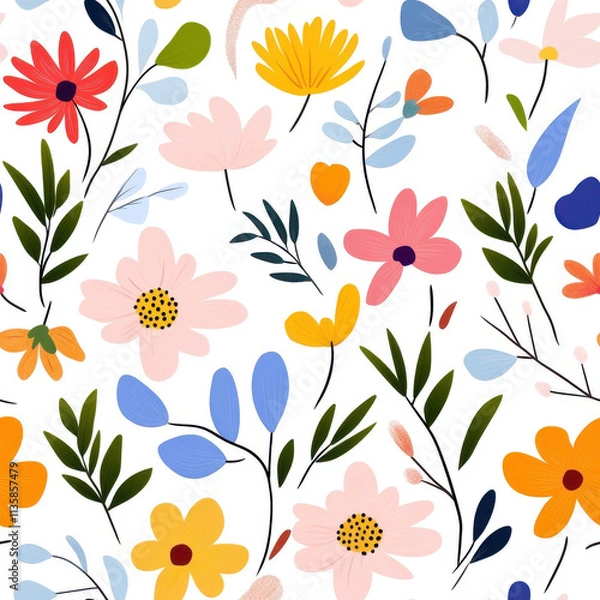 Fototapeta Bright floral pattern featuring colorful flowers and leaves, perfect for textiles or wallpaper. design includes various shapes and vibrant colors, creating cheerful atmosphere