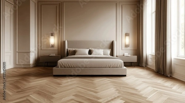 Obraz Elegant bedroom with beige walls, herringbone floors, and a plush bed.