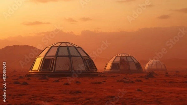 Fototapeta Futuristic Habitats on Mars During Golden Hour with Dramatic Sky