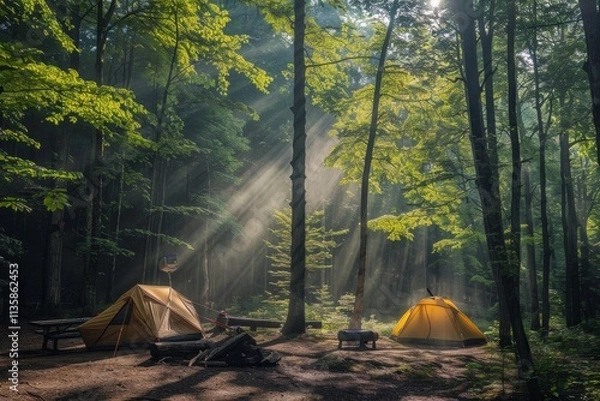 Fototapeta Two tents nestled amongst tall trees in a lush forest, bathed in the warm glow of morning sunlight A cozy campsite nestled in a dense forest with sunlight filtering through the trees