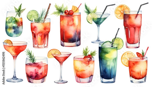 Fototapeta Watercolor painting showcases a variety of colorful cocktails, each garnished with fresh fruits and herbs, creating a vibrant and refreshing scene perfect for summer or any festive occasion