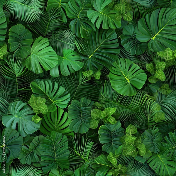 Fototapeta Lush green tropical leaves create vibrant and seamless pattern, perfect for nature inspired designs. This rich foliage evokes sense of tranquility and freshness