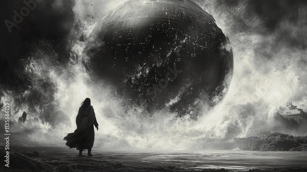 Obraz Monochrome Seascape: A lone figure witnesses a colossal planet descending upon a stormy ocean.