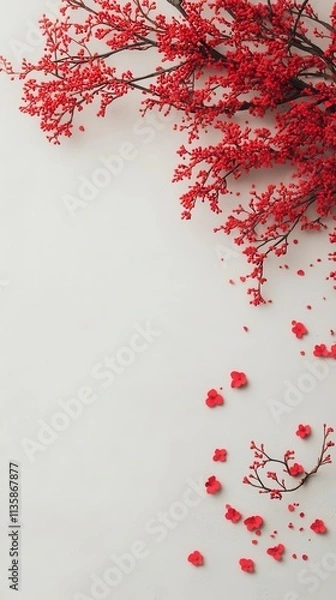 Fototapeta Scattered red blossoms framing the edges, creating a beautiful contrast with the clean white center for text.