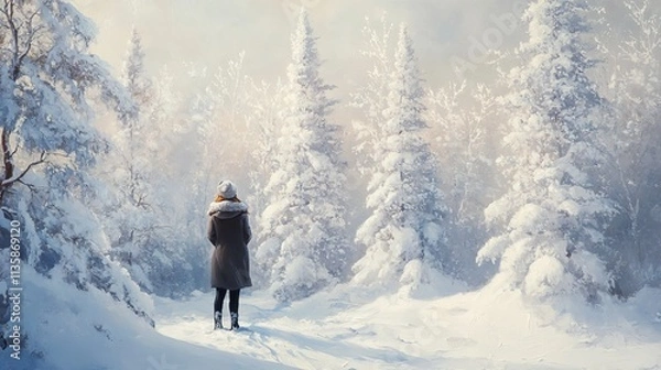 Fototapeta Young woman enjoying stunning view over winter forest with snow covered trees in Lapland Finland