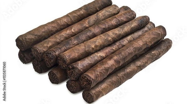 Fototapeta A Close-Up View of Hand-Rolled Brown Cigars Arranged Neatly on a White Background, Perfect for Illustrating Luxury and Leisure Themes