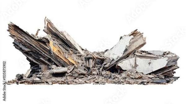 Obraz Fragmented Remains of a Destroyed Structure on White Background Illustrating Devastation and Urban Deterioration in a Modern Context of Demolition and Reconstruction