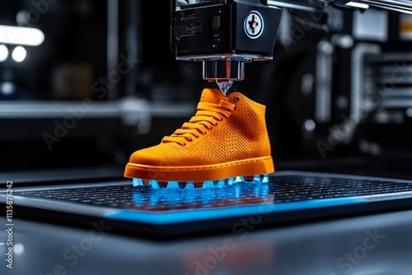 Fototapeta Innovative 3D Printing Process of a Bright Orange Athletic Shoe on Automated Machine Platform