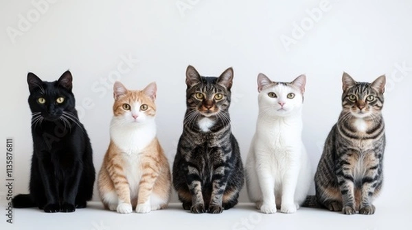 Obraz Several types of cat breeds gathered for a photo session in the studio with beautiful faces and a plain white background and the camera from afar