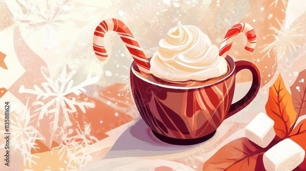 Fototapeta Steaming Hot Chocolate Mugs with Whipped Cream and Candy Canes, Festive Illustration