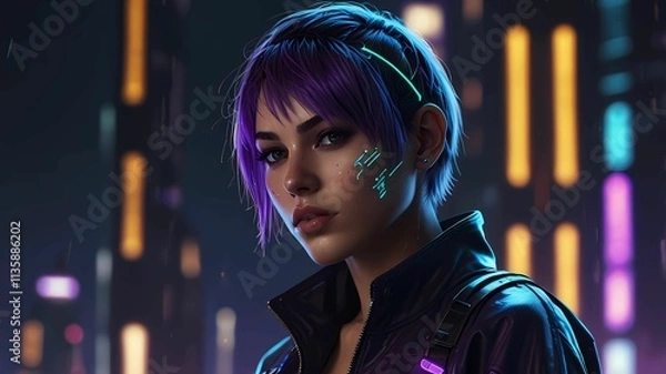 Obraz Stylish Cyberpunk Woman in Neon Cityscape