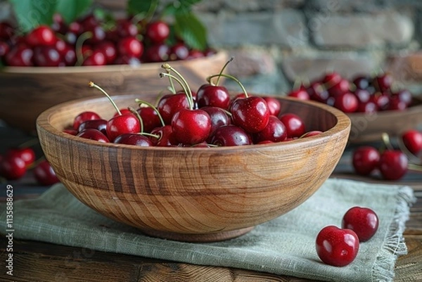 Obraz A bowl of cherries sits on a table with a green cloth underneath it