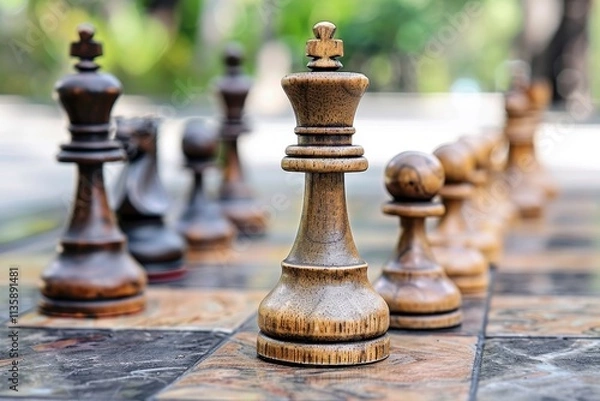 Fototapeta Close-up shot of a wooden chess king standing on a chessboard outdoors in a garden setting A creative interpretation of competitive analysis in a business plan