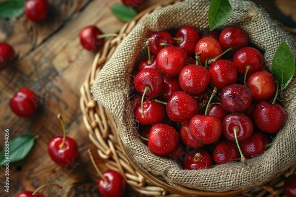 Obraz A basket of red cherries sits on a wooden table