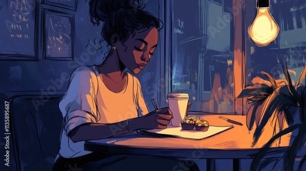 Fototapeta Woman writing in cafe at night.