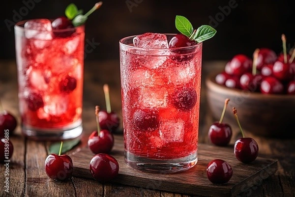 Obraz Two glasses of cherry juice with ice cubes and a bowl of cherries
