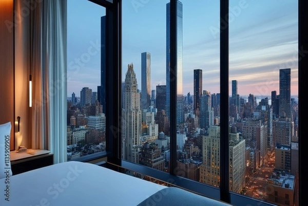 Fototapeta Serene View of Urban Skyline from Modern Hotel Room at Dusk with Glass Windows Illuminating City Lights and Towering Skyscrapers in New York City