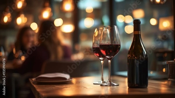Fototapeta a restaurant table with two glasses of red wine and a bottle with blurred people in the background