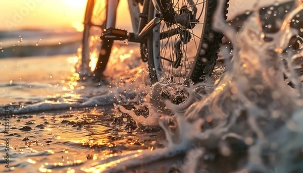 Fototapeta A cyclist rides their bike through the shallows of a beach at sunset. The water splashes up around the wheels, creating a beautiful and dynamic scene.