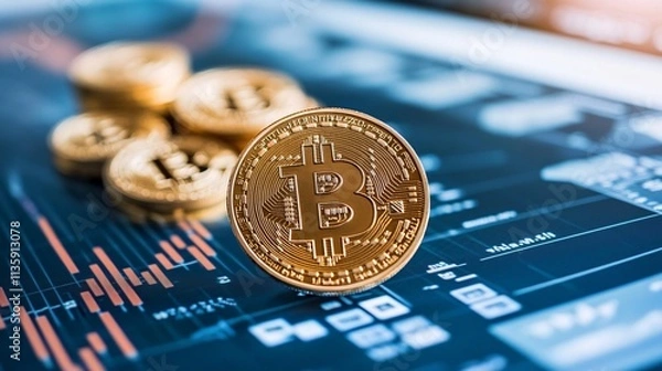 Fototapeta A close-up of a Bitcoin on a digital financial graph, symbolizing cryptocurrency and market trends.