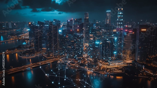 Fototapeta Smart digital Innovation city with connection network reciprocity over the cityscape. of future smart wireless digital city and social media networking systems that connects people with in city