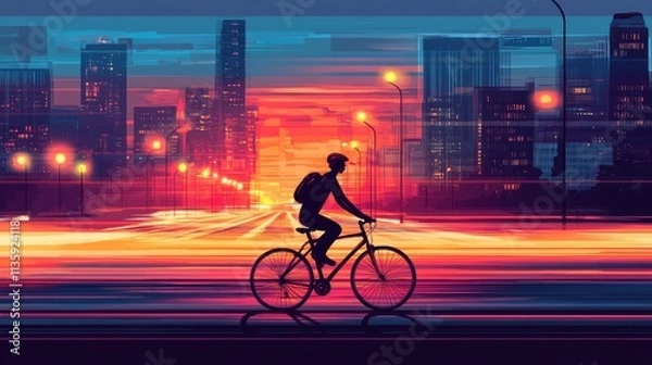 Fototapeta Silhouette cyclist rides bike on city street at sunset.