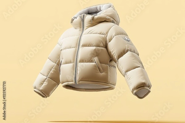 Obraz Beige puffer jacket floating on yellow background	