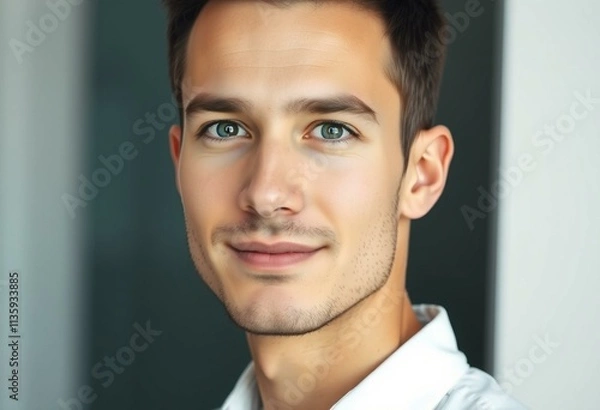 Fototapeta A calm and professional half-length portrait of a 25-year-old male with a neutral expression.