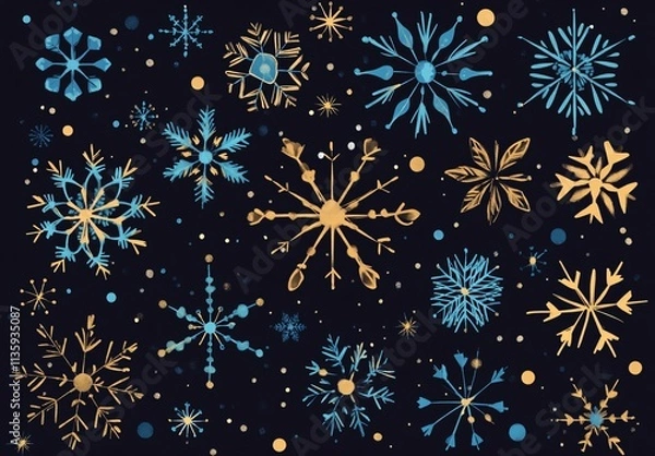 Fototapeta Elegant Blue and Gold Snowflakes Winter Pattern