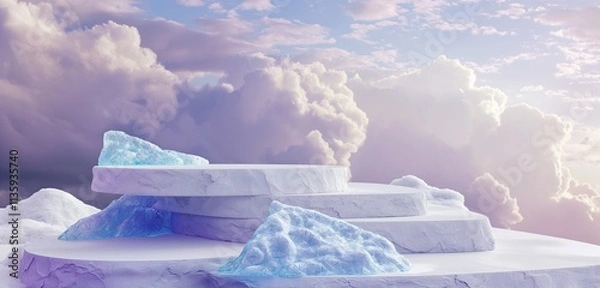 Obraz A unique white stone podium with intricate blue glass accents, positioned against a backdrop featuring shades of purple and white clouds, exuding a futuristic elegance.