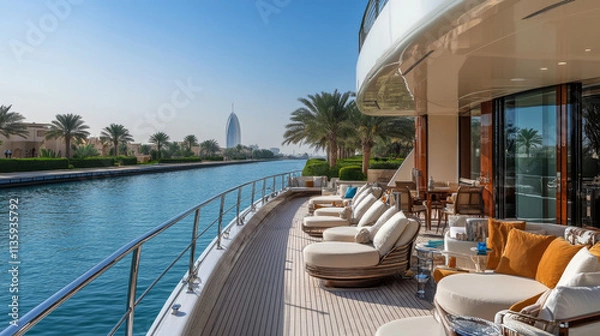 Obraz A shot from the deck of a luxurious yacht in a sea canal in Abu Dhabi