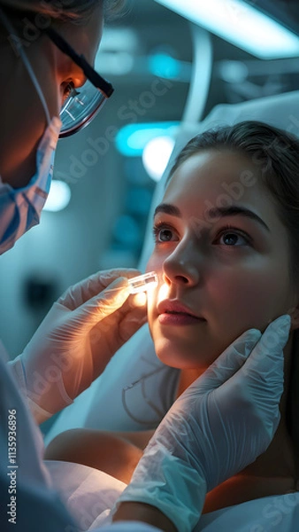 Obraz Close-up portrait, young female, radiant skin, soft diffused lighting, doctors in sterile gloves examining face, focused expressions of professionalism, care, preparing for plastic surgery