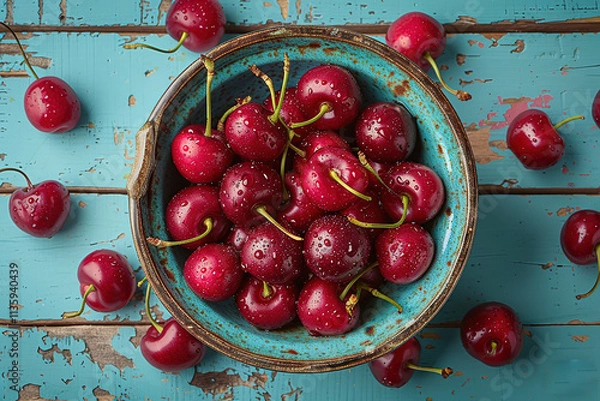 Obraz A bowl of cherries is sitting on a wooden table