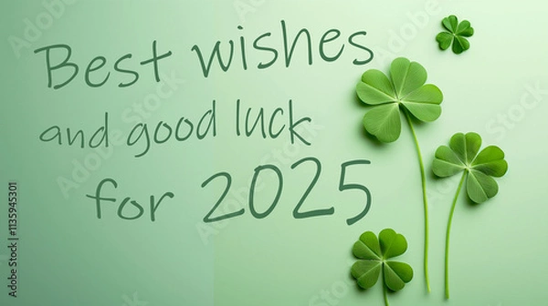 Fototapeta New year greetings four-leaf clovers on a mint green cardboard. Best wishes and luck for 2025