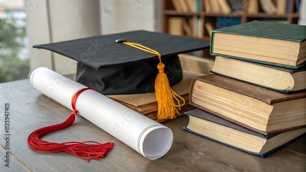 Fototapeta Graduation Cap And Diploma On Table With Books