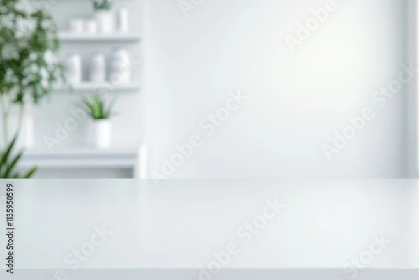 Fototapeta Cheerful closeup of an empty countertop in a bright white pharmacy, ideal for health products