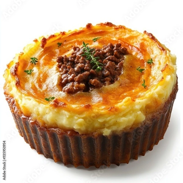 Fototapeta A savory meat pie topped with mashed potatoes and herbs, perfect for a hearty meal.
