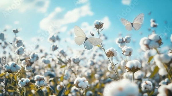Fototapeta A serene cotton field with white flowers under a bright blue sky. Butterflies gently flutter around, adding beauty to the scene.