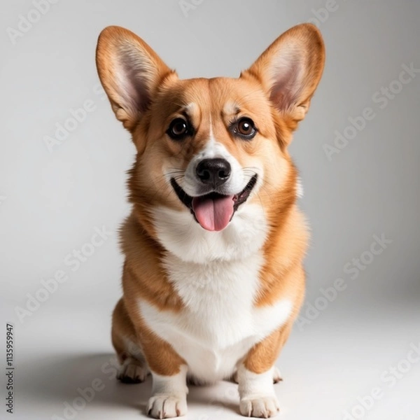 Fototapeta Closeup of sitting welsh corgi dog over neutral background
