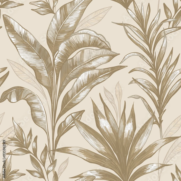 Fototapeta Seamless pattern. Golden palm and tropical leaves on a beige background. 