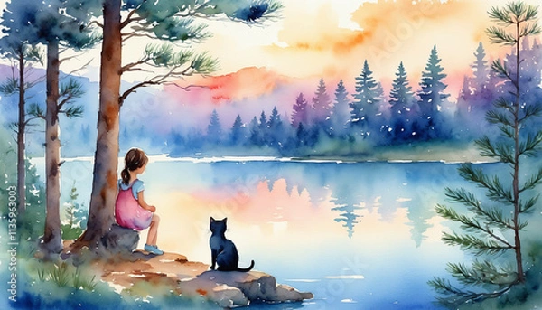 Fototapeta Little girl and a cat sitting by the lake in the evening, generative AI.