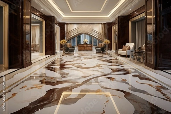 Fototapeta Interior design of a minimalist and spacious luxurious floor featuring premium patterns, modern tiles, and an open hall with minimal furniture, showcasing an elegant and contemporary aesthetic