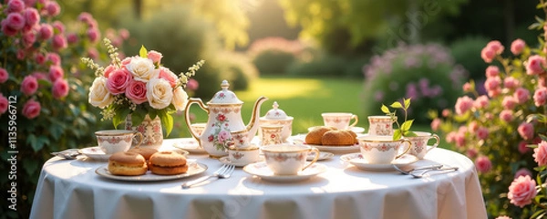Obraz Elegant afternoon tea set in a serene garden with roses and pastries during golden hour