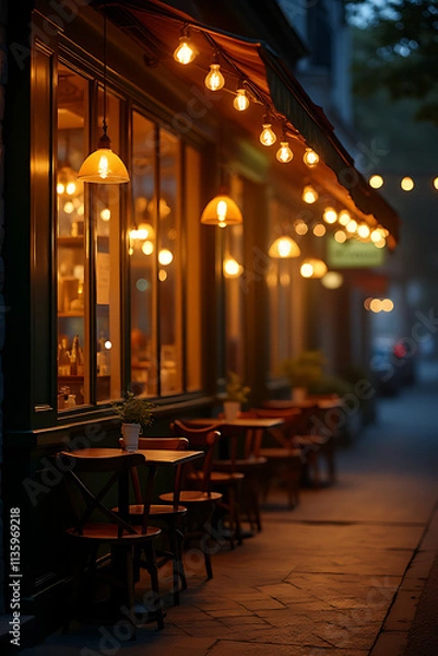 Fototapeta A café is blurred by soft golden lighting at night, its atmosphere tranquil and inviting to passersby._00015_