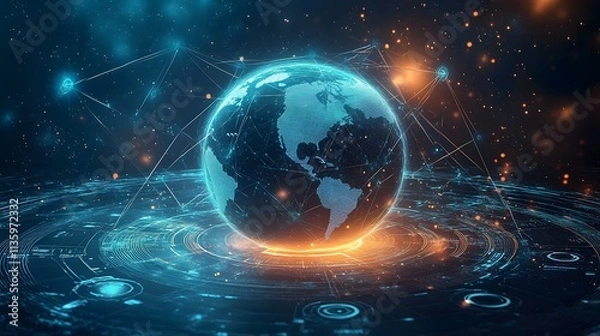 Obraz  Mobile global internet communications. World wide web on phone via wireless satellite network technology. Smartphone digital connection at clouds services of all earth. Holographic abstract interface