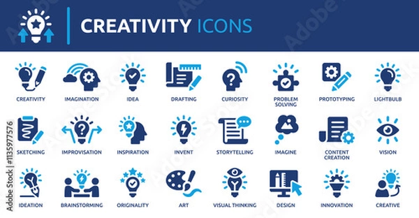 Fototapeta Creativity icon set. Containing inspiration, imagination, design, idea, creative, improvisation, sketching, brainstorming and more. Solid vector icons collection.