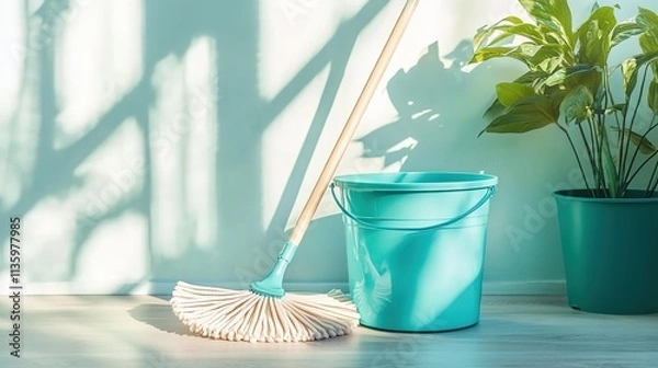 Fototapeta A turquoise bucket with a wooden handle and a white bamboo floor mop on the table against a light blue wall background
